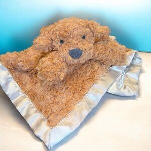 Cloud Island Satin-Trimmed Tan Plush Blanket curly hair dog satin back